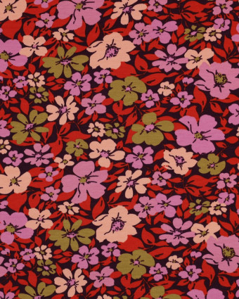 Tissu Jersey French Terry Fleuri Fond Prune - Mercerine