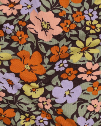 Tissu Jersey French Terry Fleuri Fond Cacao - Mercerine
