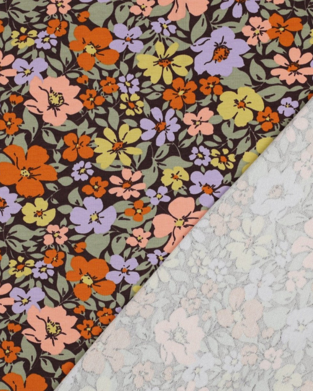 Tissu Jersey French Terry Fleuri Fond Cacao - Mercerine