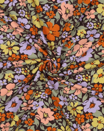 Tissu Jersey French Terry Fleuri Fond Cacao - Mercerine