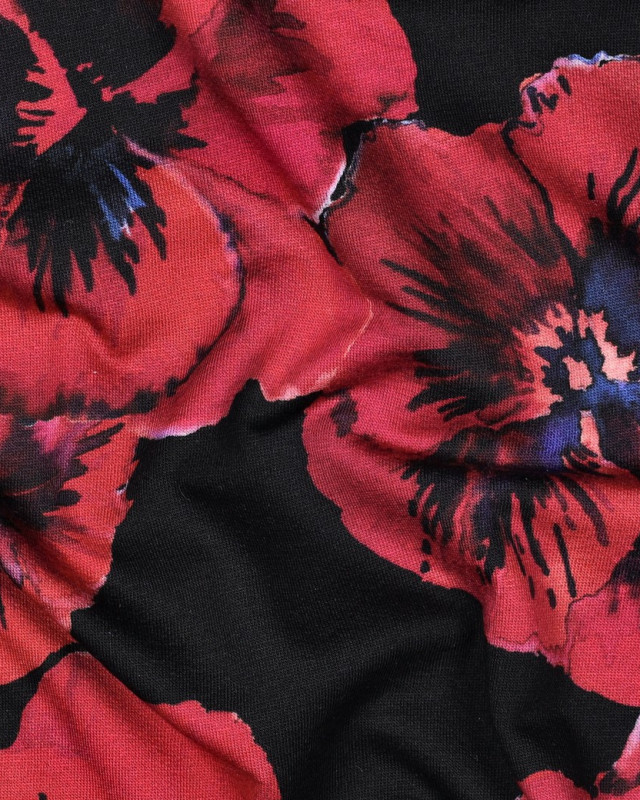Tissu Jersey French Terry Coquelicot Fond Noir - Mercerine