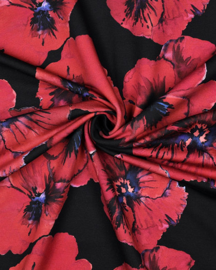 Tissu Jersey French Terry Coquelicot Fond Noir - Mercerine