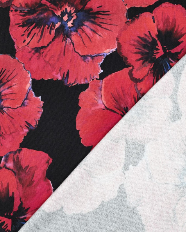 Tissu Jersey French Terry Coquelicot Fond Noir - Mercerine