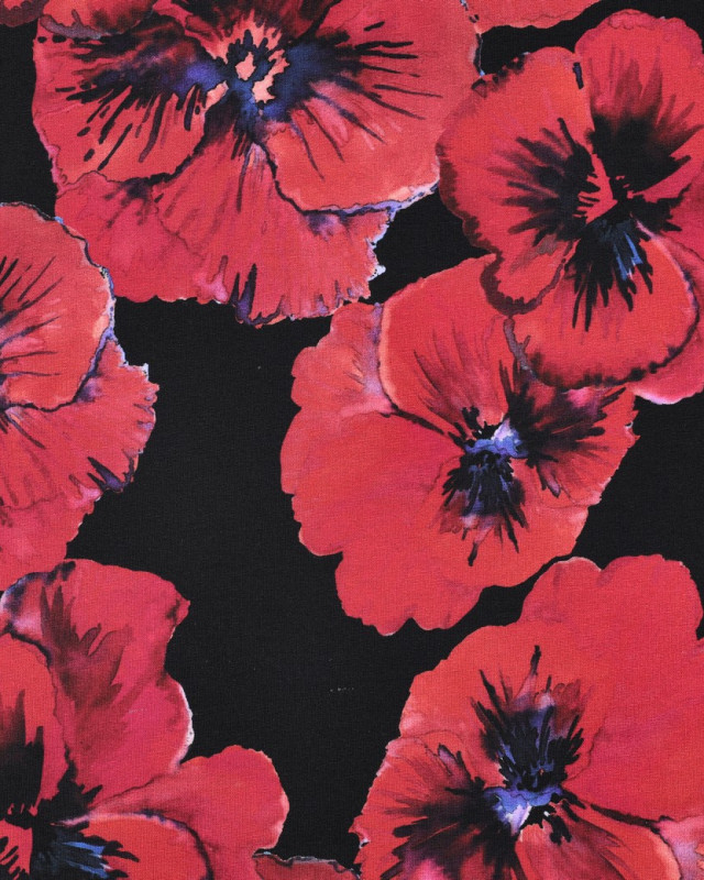 Tissu Jersey French Terry Coquelicot Fond Noir - Mercerine