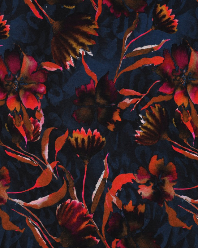 Tissu Jersey Fleuri Pétrole - Mercerine