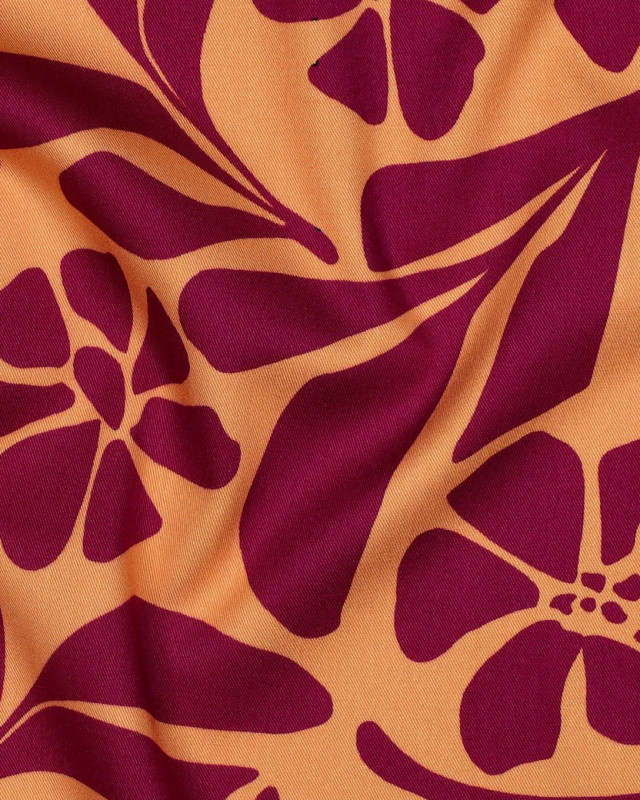 Tissu Viscose Stretch Orange Motif Fleuri Framboise - Mercerine