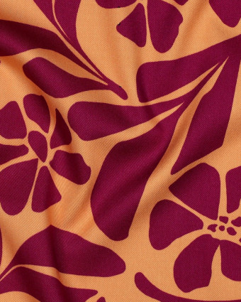 Tissu Viscose Stretch Orange Motif Fleuri Framboise - Mercerine
