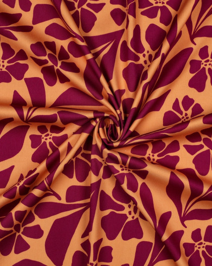 Tissu Viscose Stretch Orange Motif Fleuri Framboise - Mercerine