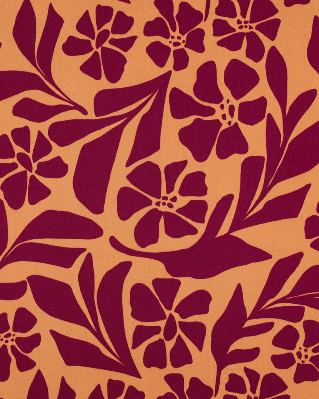 Tissu Viscose Stretch Orange Motif Fleuri Framboise - Mercerine