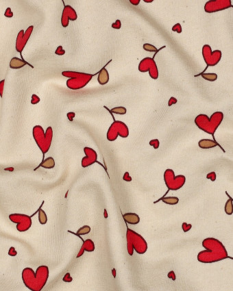 Tissu Sweat Cœurs Rouges Fond Naturel - Mercerine