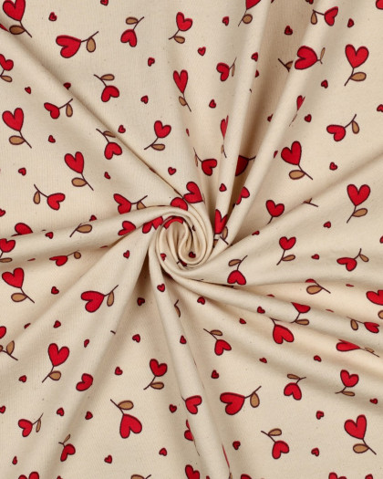 Tissu Sweat Cœurs Rouges Fond Naturel - Mercerine