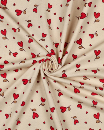 Tissu Sweat Cœurs Rouges Fond Naturel - Mercerine