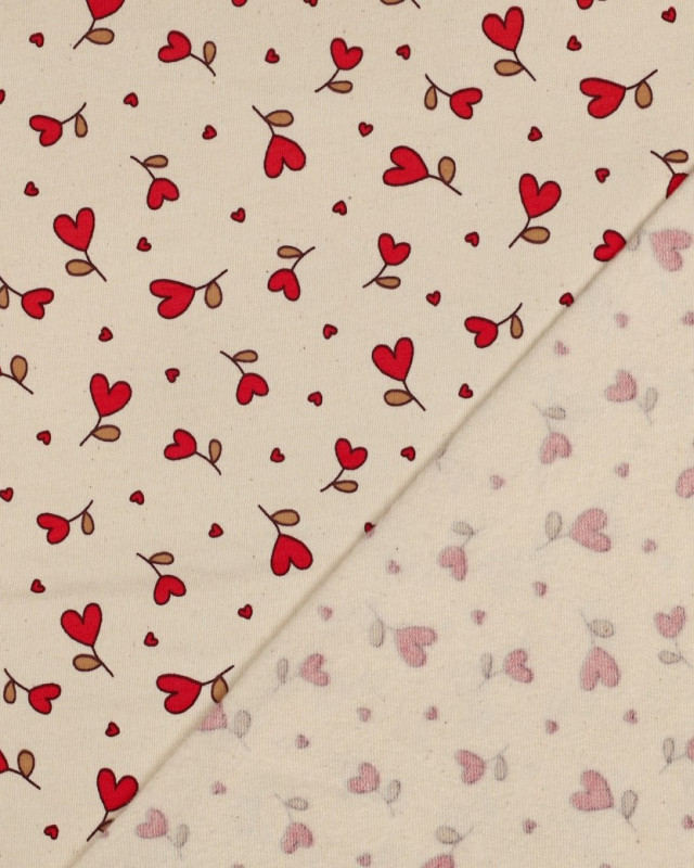 Tissu Sweat Cœurs Rouges Fond Naturel - Mercerine