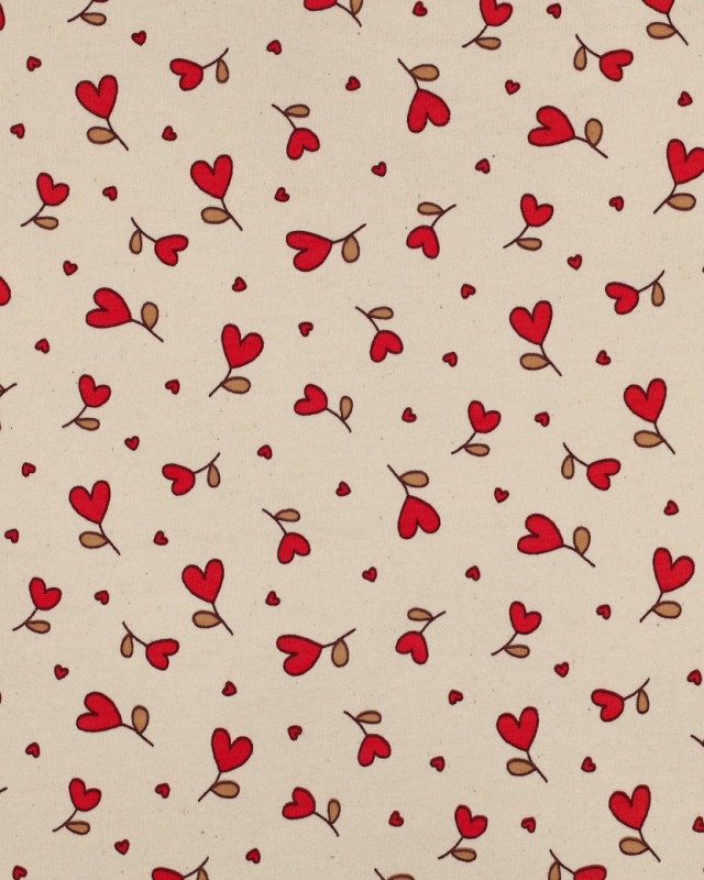Tissu Sweat Cœurs Rouges Fond Naturel - Mercerine