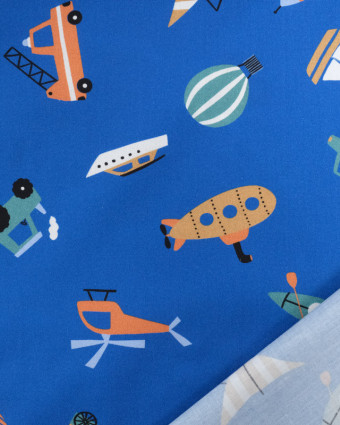 Tissu Coton Bleu Camion Bateau Fusée  - Poppy Design - Mercerine