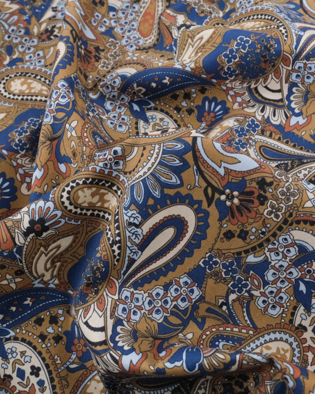 Popeline de Coton Paisley Bleu Caramel - Mercerine