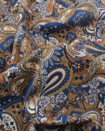 Popeline de Coton Paisley Bleu Caramel - Mercerine