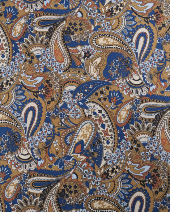 Popeline de Coton Paisley Bleu Caramel - Mercerine