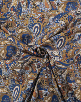 Popeline de Coton Paisley Bleu Caramel - Mercerine