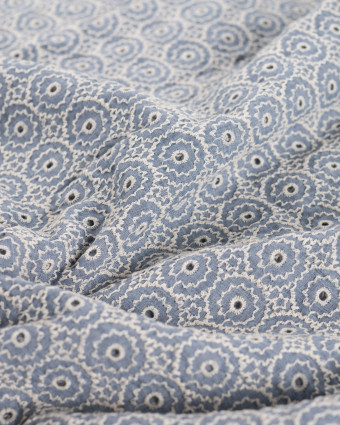 Tissu Coton Brodé Bleu Jean Couronne Floral - Mercerine