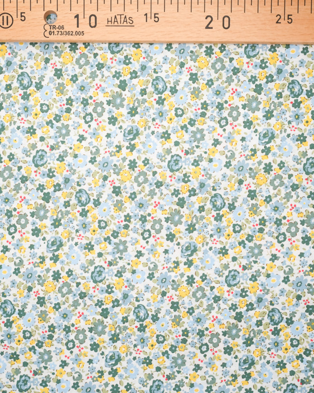 Tissu fleuri Coton Champ d'été vert  -10cm - Mercerine