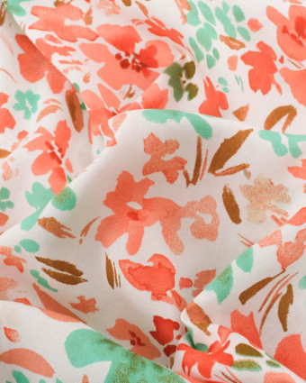 Viscose Ecrue Motif Floral Corail et Vert - Mercerine