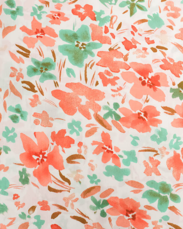 Viscose Ecrue Motif Floral Corail et Vert - Mercerine