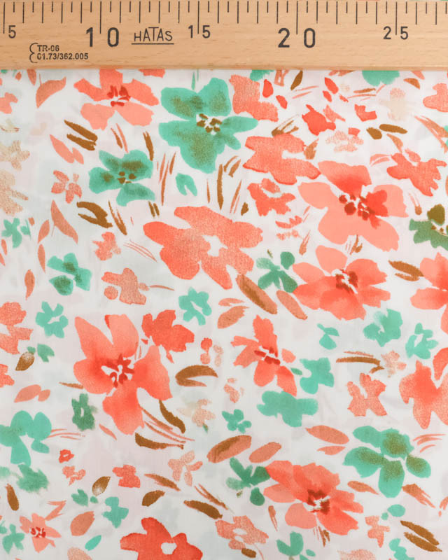 Viscose Ecrue Motif Floral Corail et Vert - Mercerine