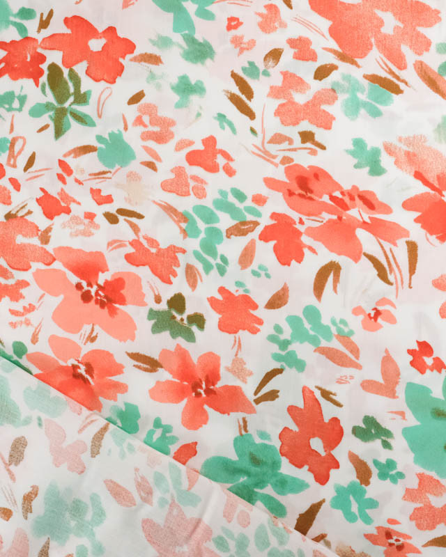 Viscose Ecrue Motif Floral Corail et Vert - Mercerine