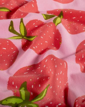 Jersey de Coton Rose Motif Fraise - Mercerine