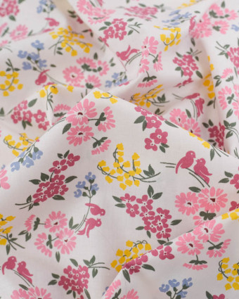 Popeline de Coton Fleurs des Champs Rose - Mercerine
