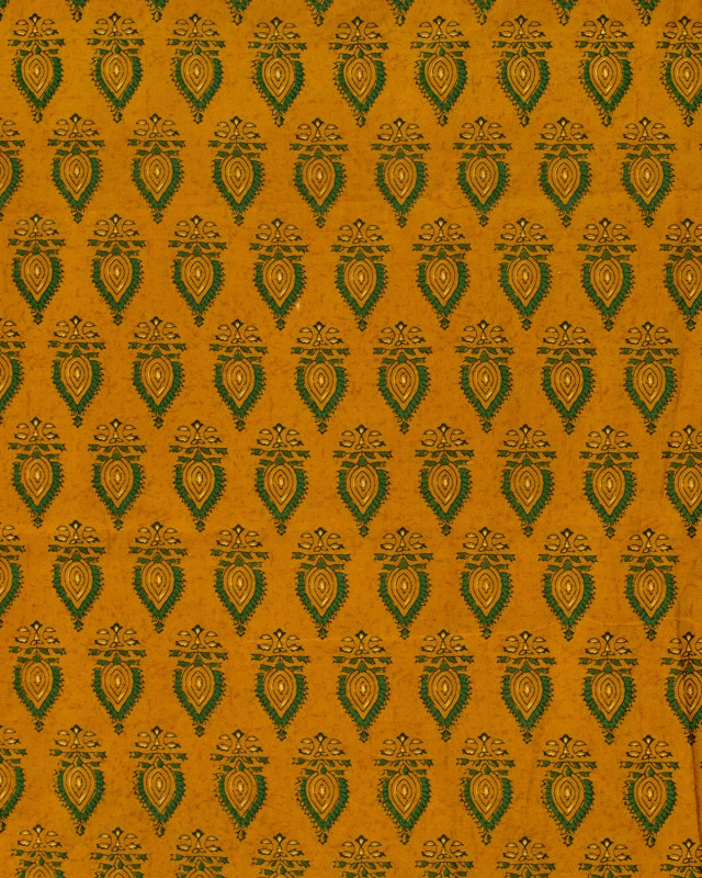 Tissu Indien : Voile de Coton  Ocre Motif Ethnique Vert - Mercerine