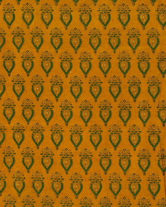 Tissu Indien : Voile de Coton  Ocre Motif Ethnique Vert - Mercerine
