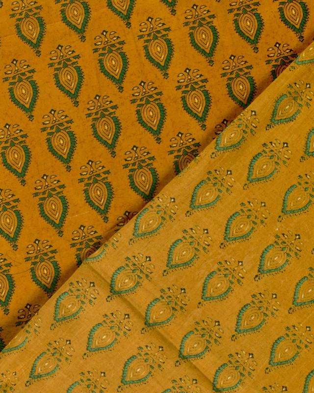 Tissu Indien : Voile de Coton  Ocre Motif Ethnique Vert - Mercerine