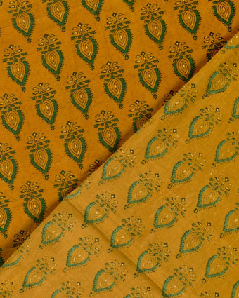 Tissu Indien : Voile de Coton  Ocre Motif Ethnique Vert - Mercerine