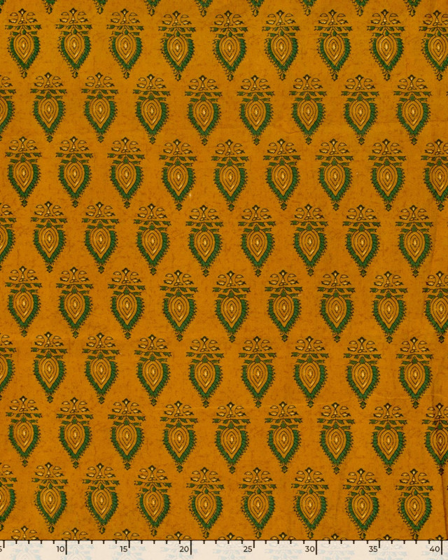Tissu Indien : Voile de Coton  Ocre Motif Ethnique Vert - Mercerine