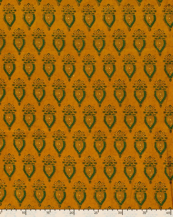 Tissu Indien : Voile de Coton  Ocre Motif Ethnique Vert - Mercerine