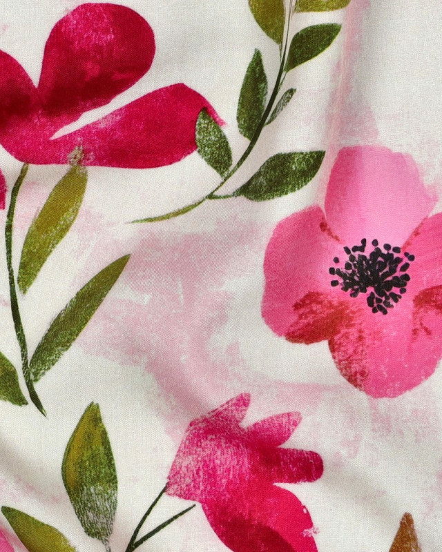 Viscose Imprimé Digital Ecrue Motif Fleuri Rose - Mercerine