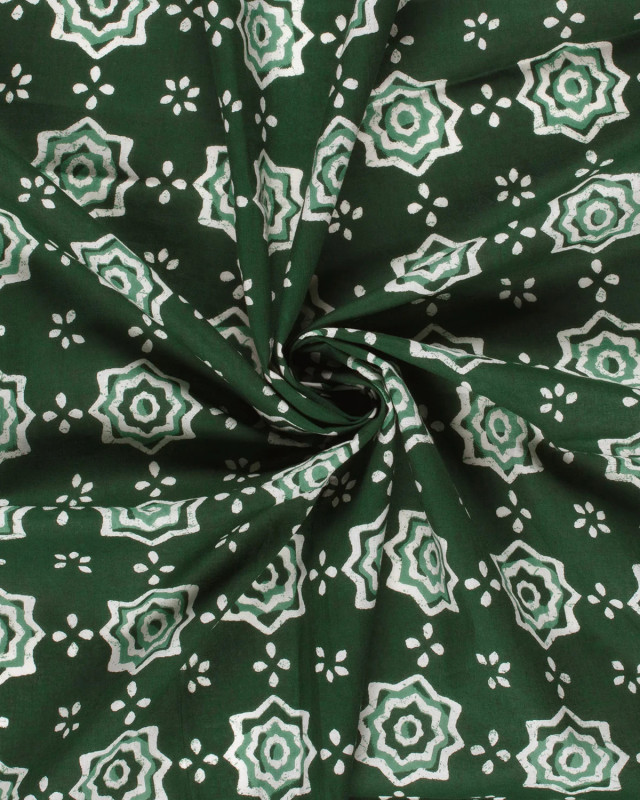 Voile de Coton Esprit Indien Fleur Ethnique Vert Foncé - Mercerine