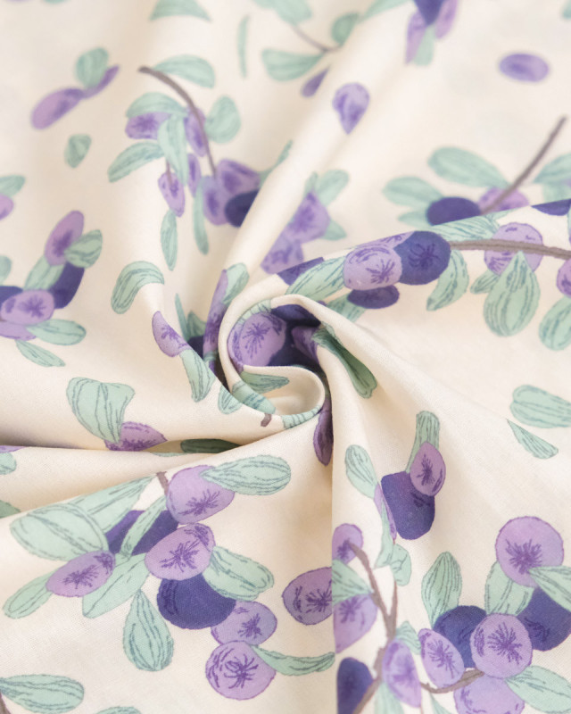 Popeline de Coton Imprimé Fleurs Mauves Sur Fond Beige - Mercerine