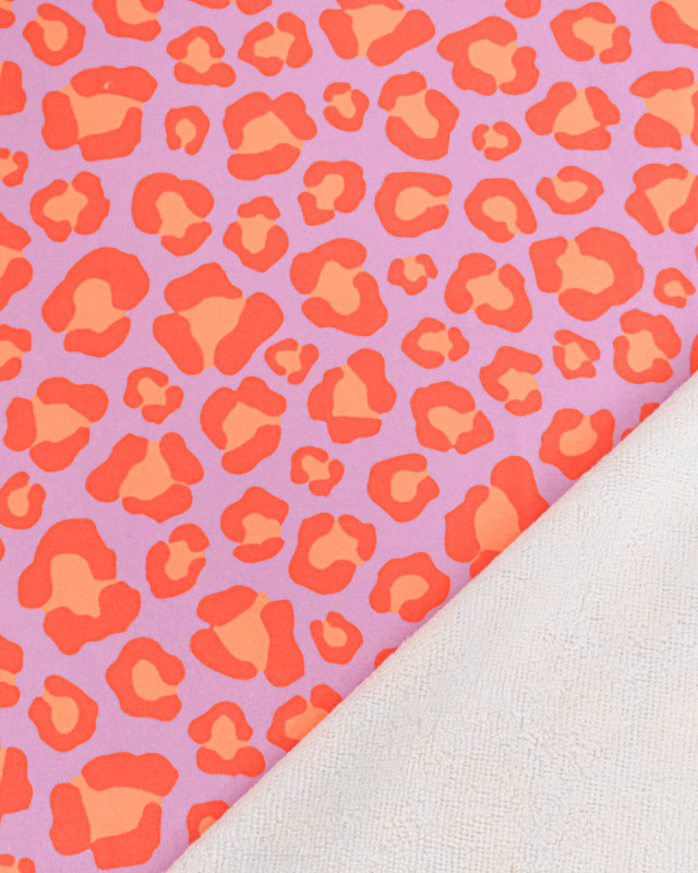 Eponge Microfibre Imprimé Léopard Orange Mauve Envers Bouclette - Mercerine
