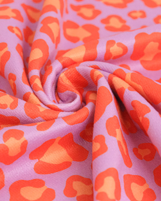 Eponge Microfibre Imprimé Léopard Orange Mauve Envers Bouclette - Mercerine