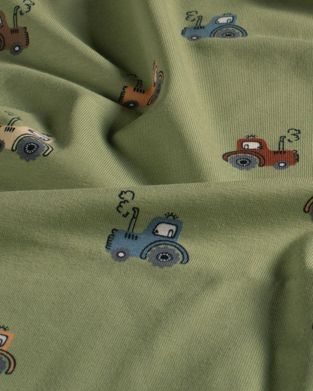 Jersey de Coton Kaki Motif Tracteur - Mercerine