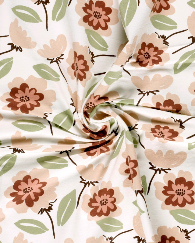 Jersey French Terry Ecru Motif Fleuri Rose - Mercerine