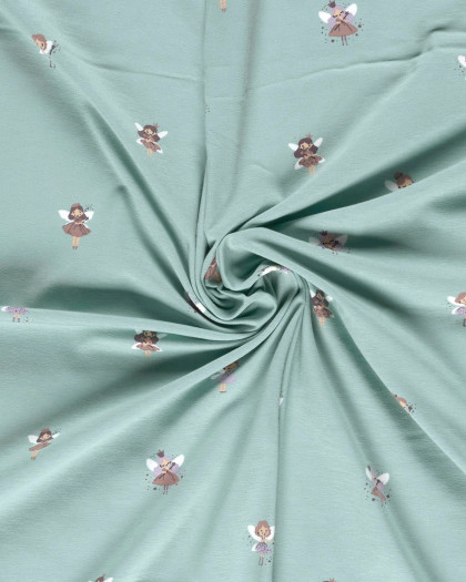 Jersey de Coton Bleu Bébé Motif Petite Fée - Mercerine