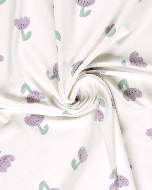 Jersey French Terry Ecru Tulipes Violettes - Mercerine
