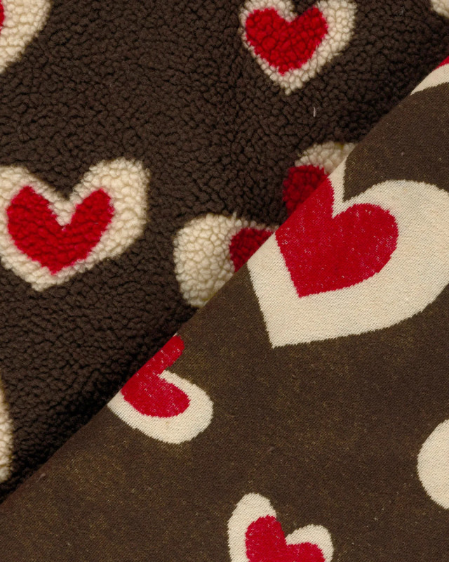 Tissu Sherpa Marron Motif Cœur Rouge - Mercerine