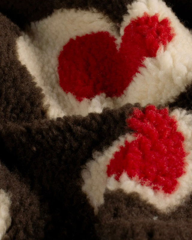 Tissu Sherpa Marron Motif Cœur Rouge - Mercerine