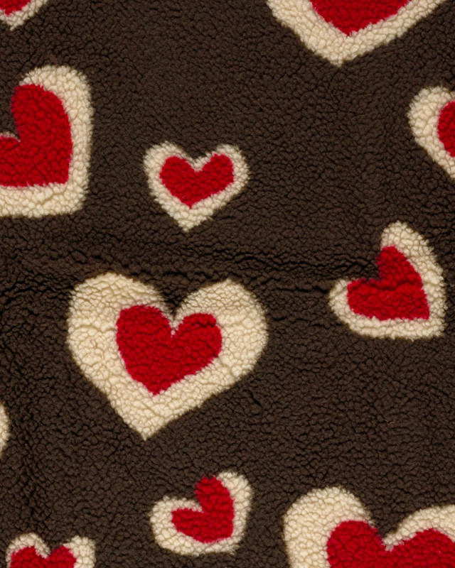 Tissu Sherpa Marron Motif Cœur Rouge - Mercerine