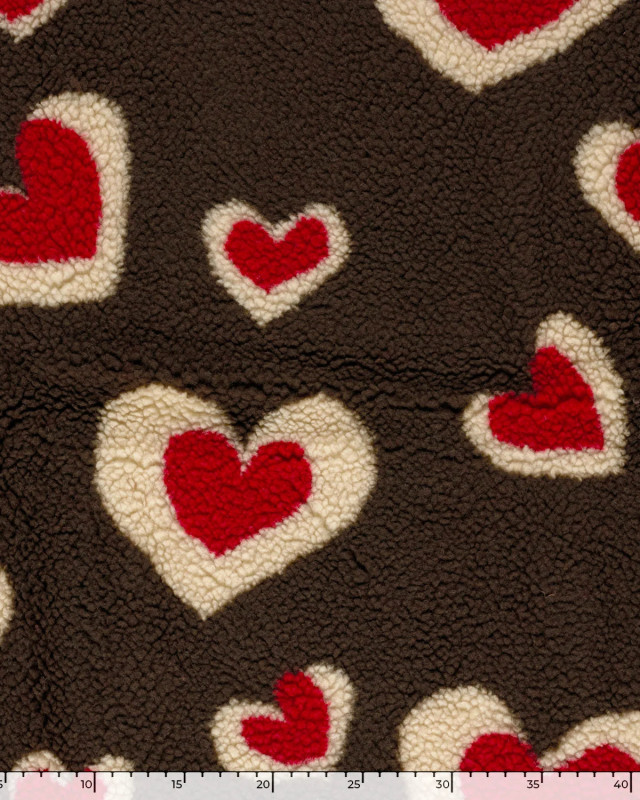Tissu Sherpa Marron Motif Cœur Rouge - Mercerine